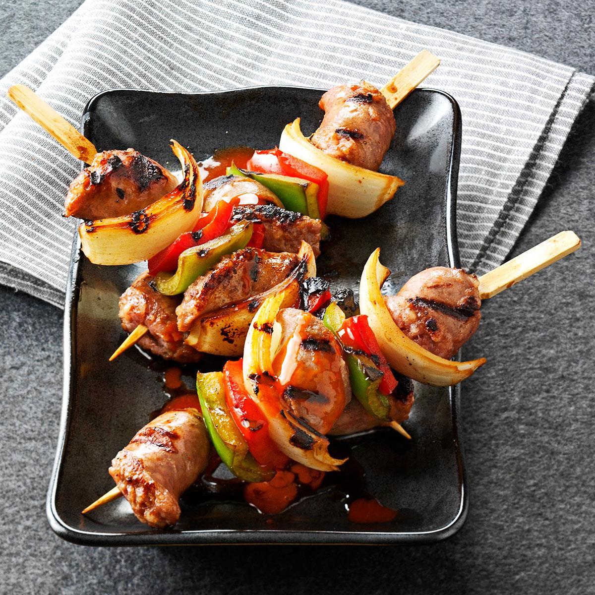 image of Bourbon Brat Skewers recipe by Taste of Home