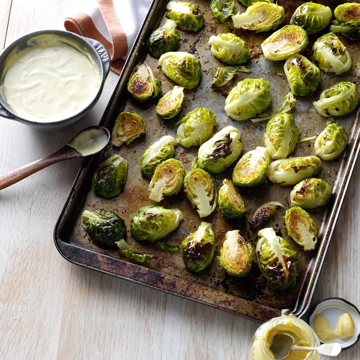 Garlic Roasted Brussels Sprouts With Mustard Sauce Recipe How To Make It Taste Of Home