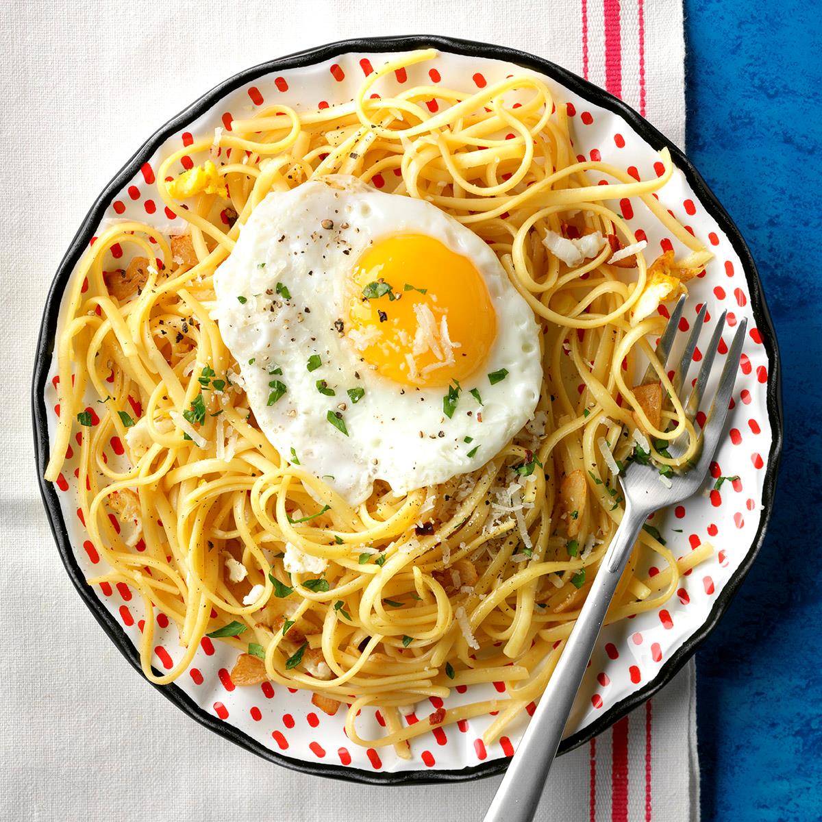 Linguine with Fried Eggs and Garlic Recipe | Taste of Home