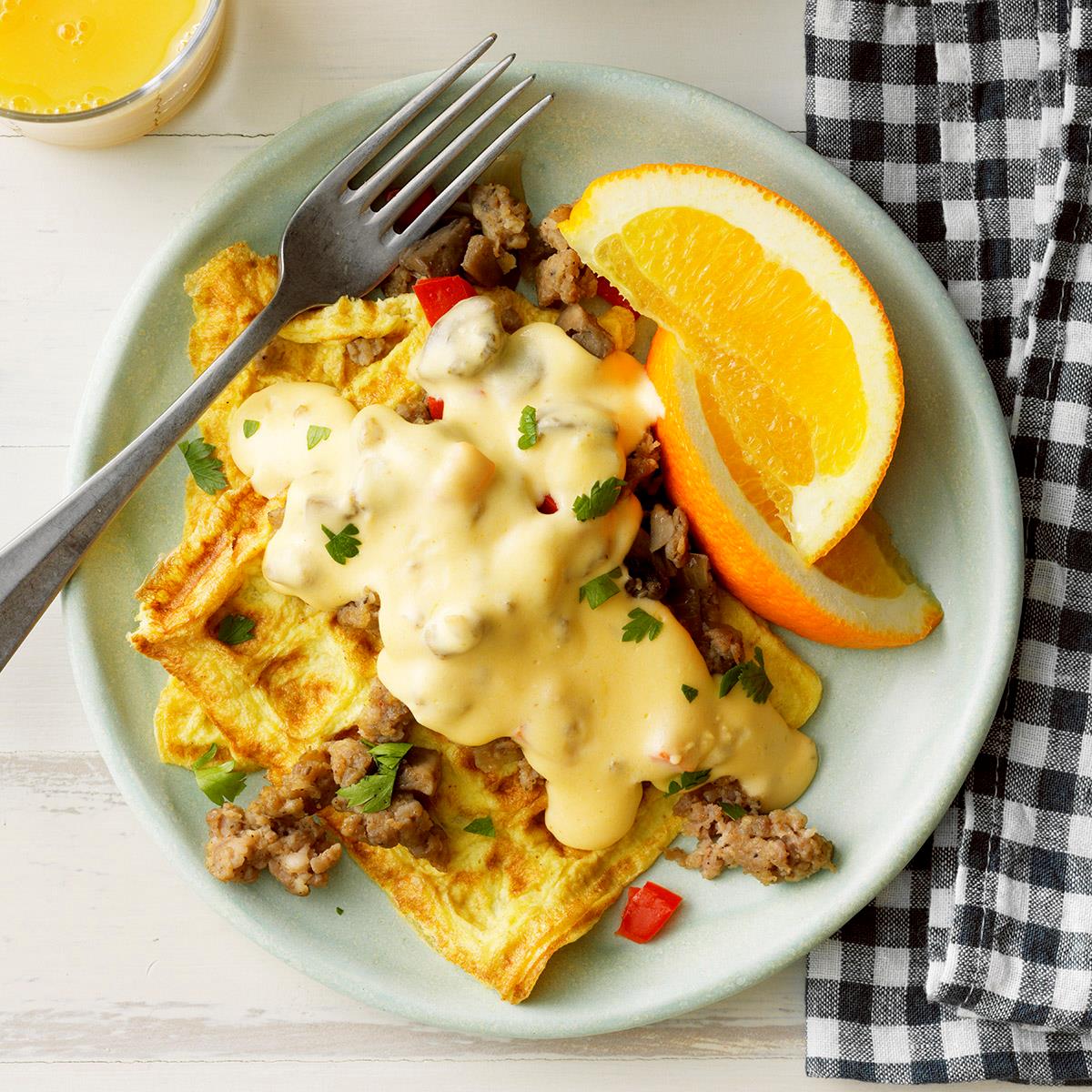 Omelet Waffles with Sausage Cheese Sauce-image