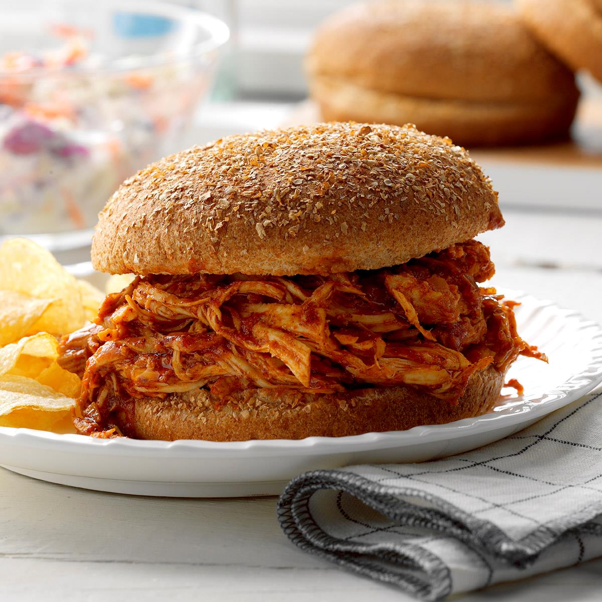 Thick Amount Of Pulled Chicken Between Sesame Buns Stock Photo Download ...