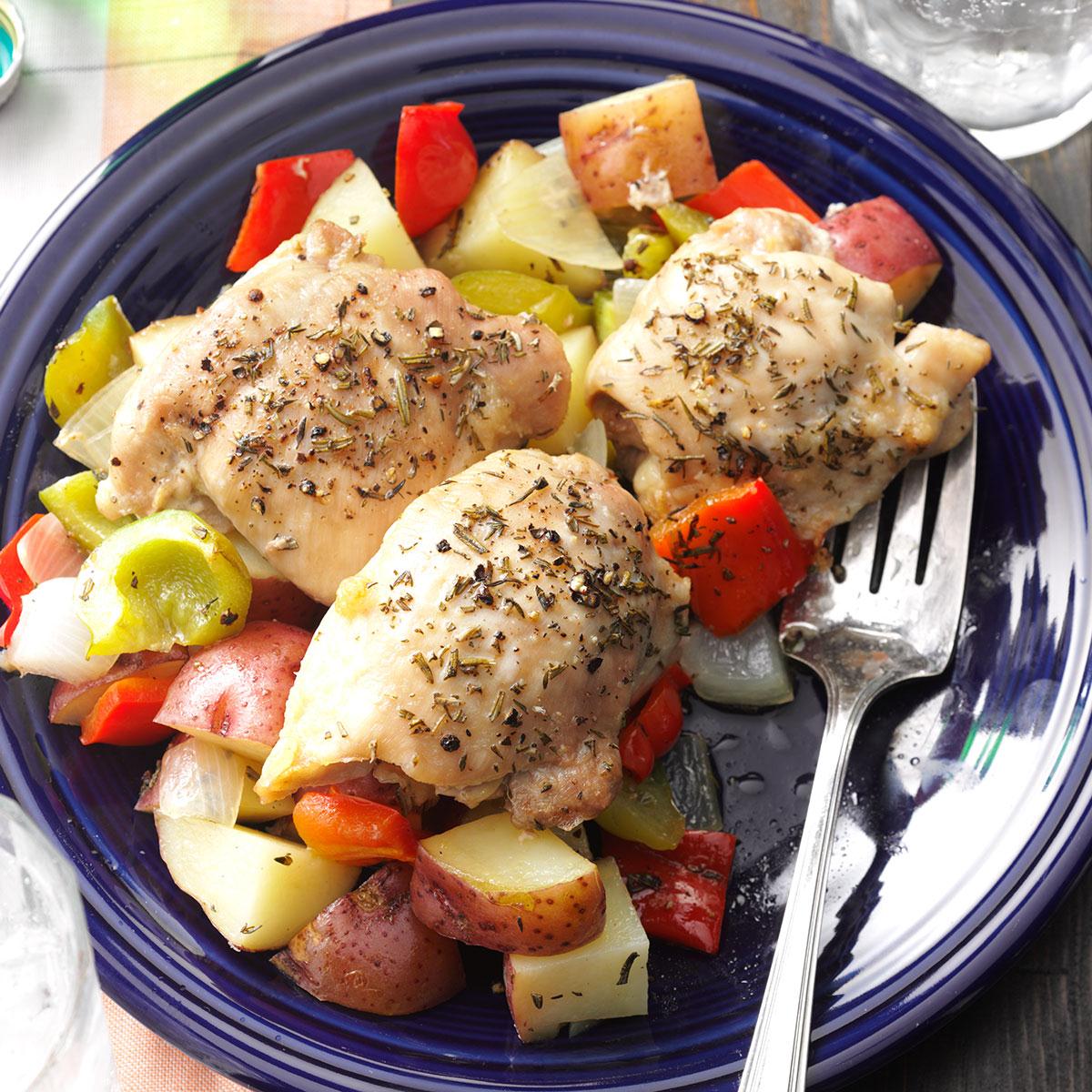 Roasted Chicken Thighs With Peppers Potatoes Recipe How To Make It Taste Of Home