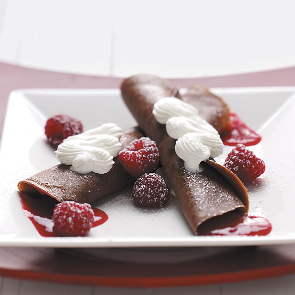 Chocolate Crepes with Raspberry Sauce Recipe | Taste of Home