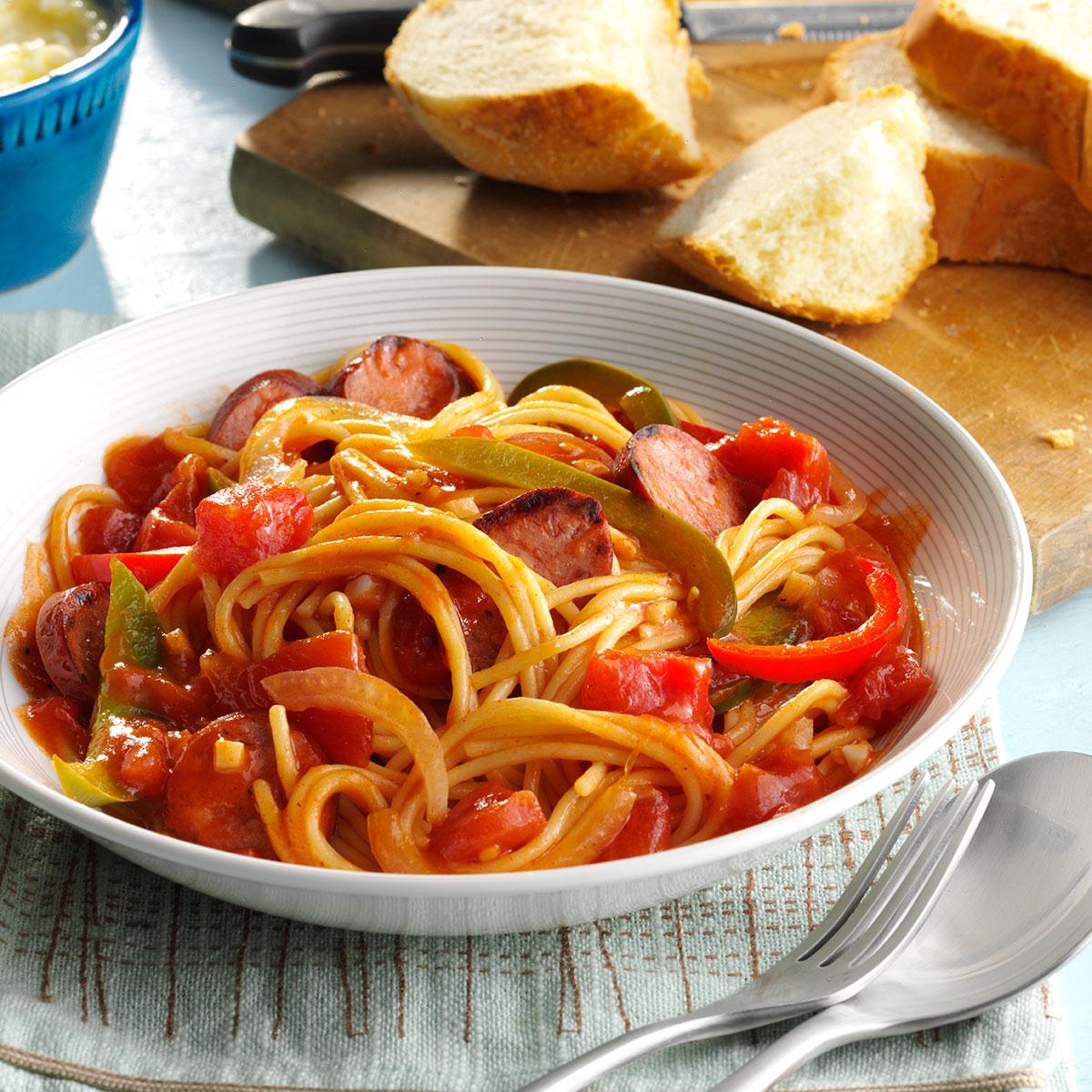 Spaghetti With Sausage And Peppers Recipe How To Make It Taste Of Home