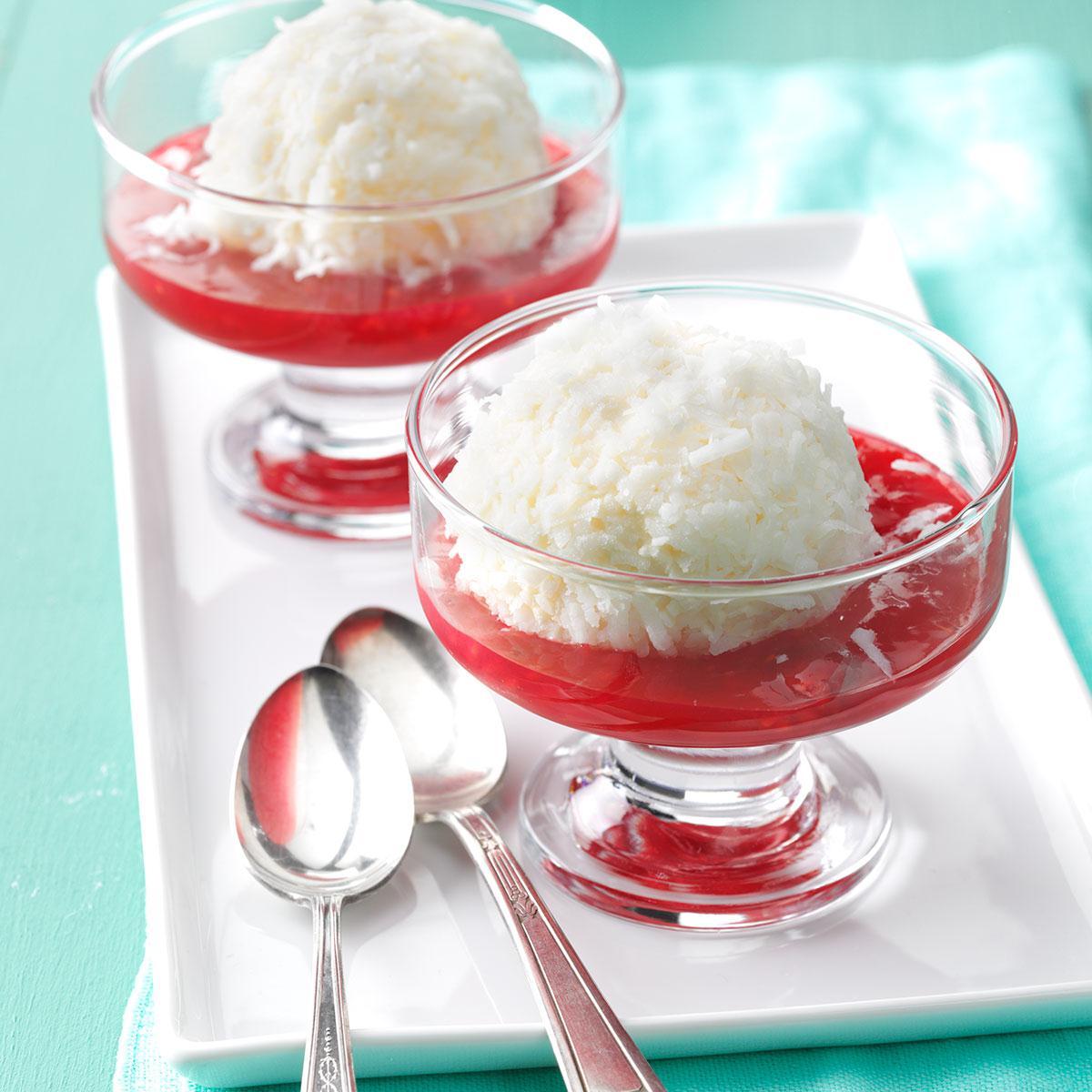 Ice Cream Snowballs with Raspberry Sauce image