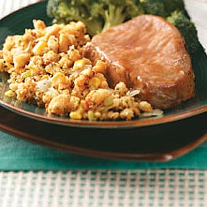 Glazed Pork Chops with Corn Bread Dressing image