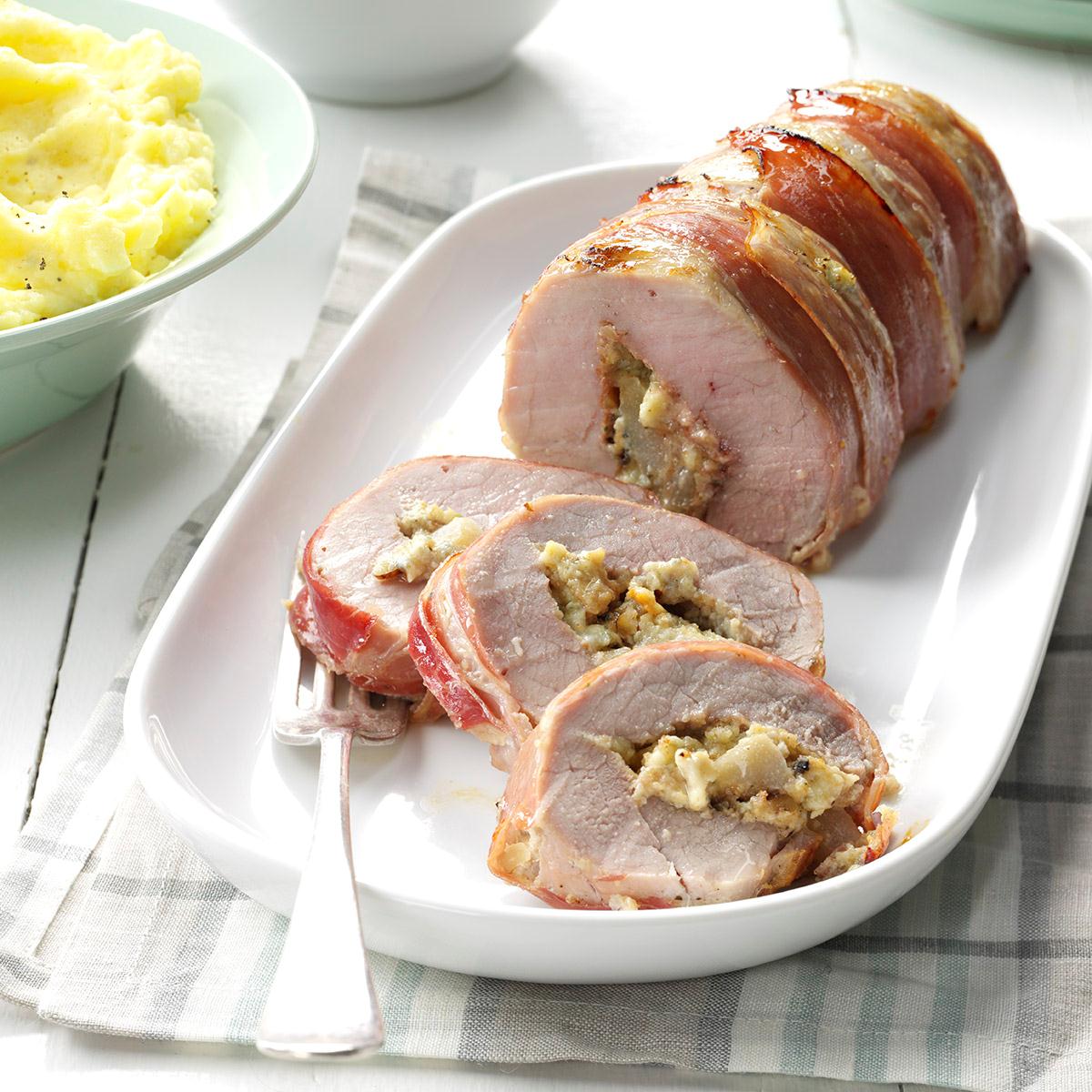 Prosciutto Wrapped Pork Tenderloin With Honey Poached Pears Gorgonzola Recipes Recipe